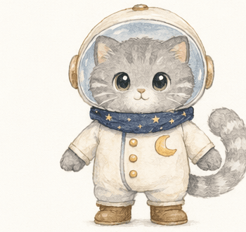 絵本の主人公（宇宙ねこ）の正面イラスト。全ページで見た目をそろえる基準に使われる。