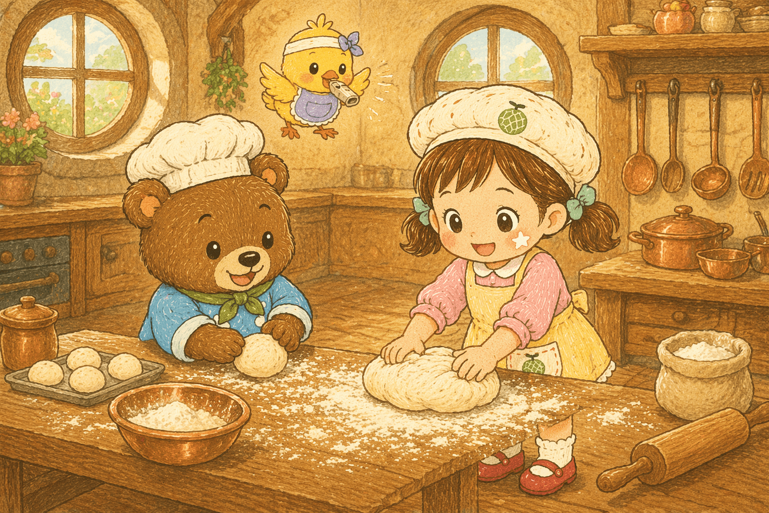 『まほうのパンこうじょうで、ふくらむゆめのメロンパン大さくせん』の挿絵その1