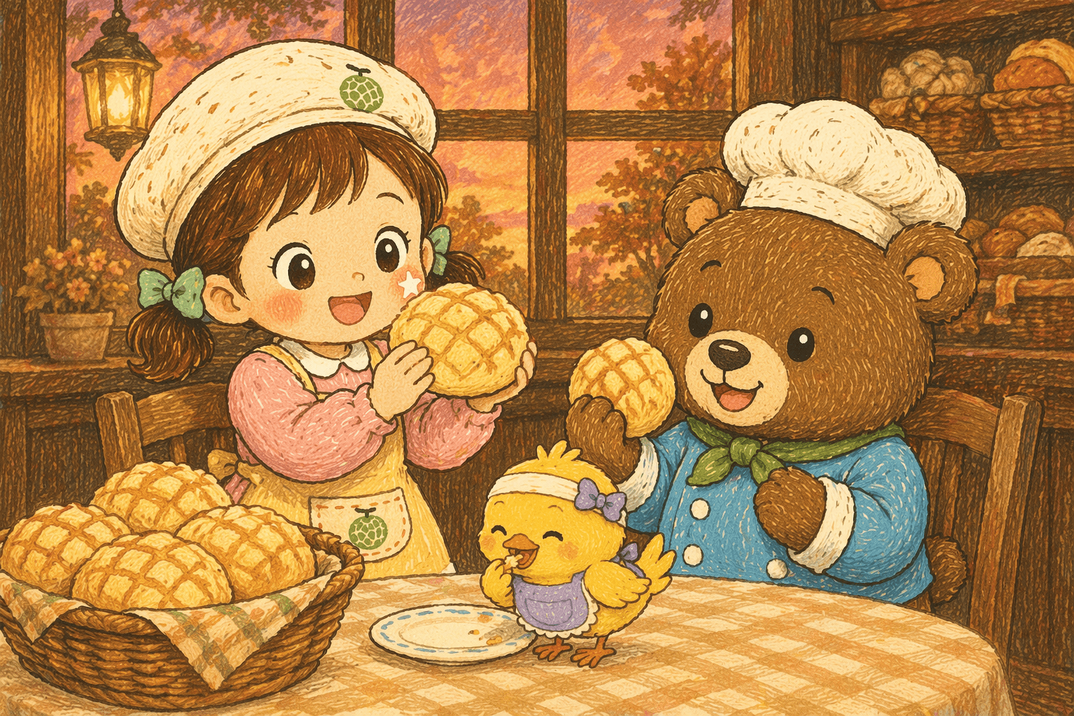 『まほうのパンこうじょうで、ふくらむゆめのメロンパン大さくせん』の挿絵その3