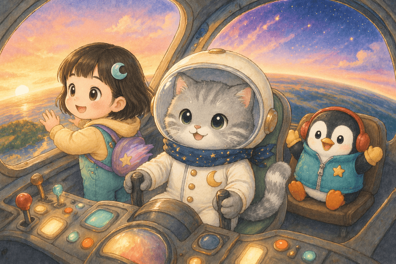『うちゅうねこの まんげつロケット だいぼうけん』の挿絵その2