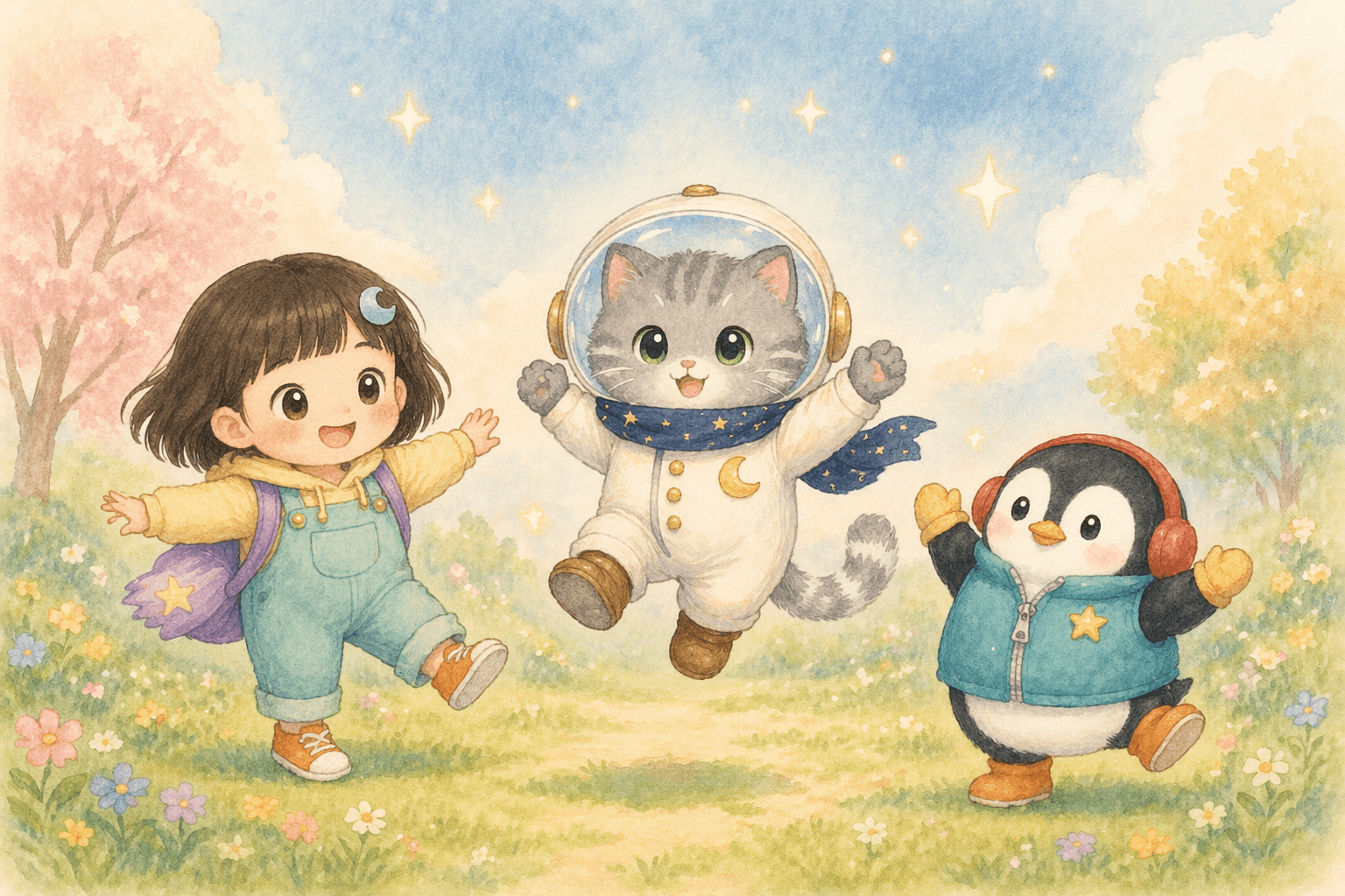 絵本『うちゅうねこの まんげつロケット だいぼうけん』の表紙イラスト